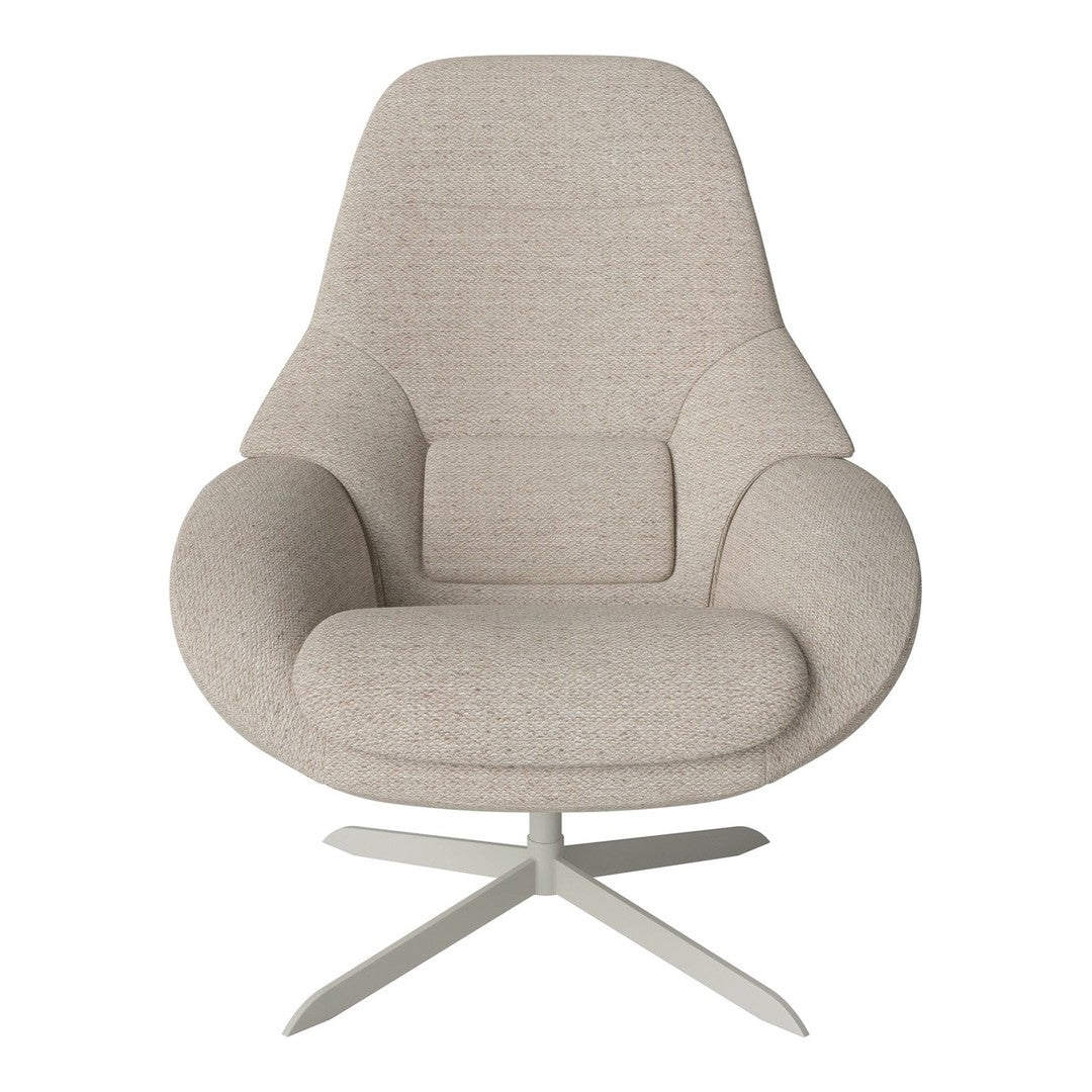 Beige textured fabric chair with a modern design and smooth, curved lines, resting on a sleek silver base.