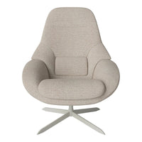 Beige textured fabric chair with a modern design and smooth, curved lines, resting on a sleek silver base.