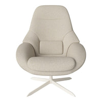 Light beige armchair with a smooth, minimalist fabric texture and a modern, stylish design. Metal base adds elegance.