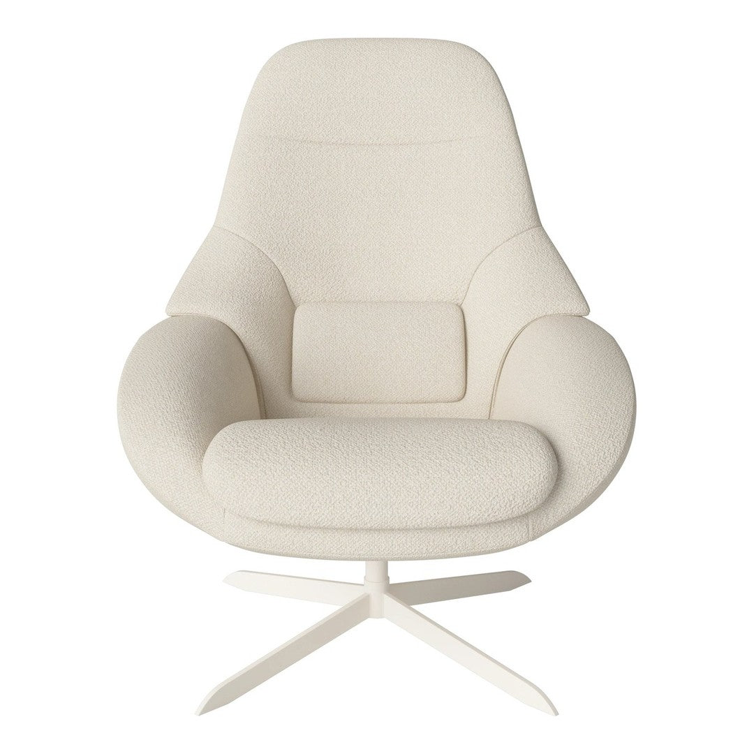 Cream-colored upholstered chair with a smooth, minimalist design and a modern cross-base. Perfect for stylish interiors.