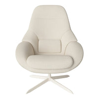 Cream-colored upholstered chair with a smooth, minimalist design and a modern cross-base. Perfect for stylish interiors.