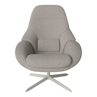 Light gray upholstered chair with smooth, minimalist design and subtle texture on a sleek metal base.