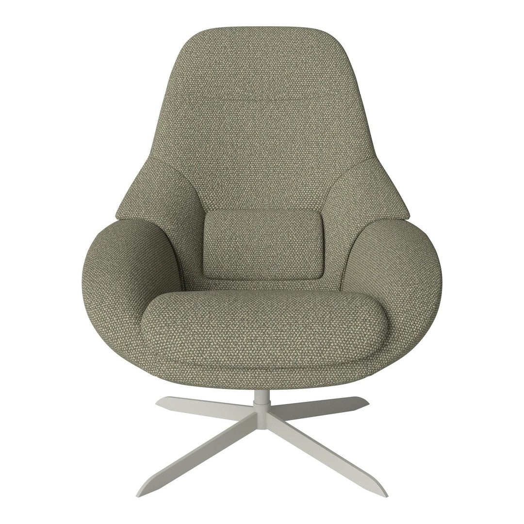 Olive green textured fabric armchair with a sleek, modern design and a minimalist silver metal base.