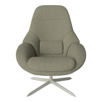 Olive green textured fabric armchair with a sleek, modern design and a minimalist silver metal base.