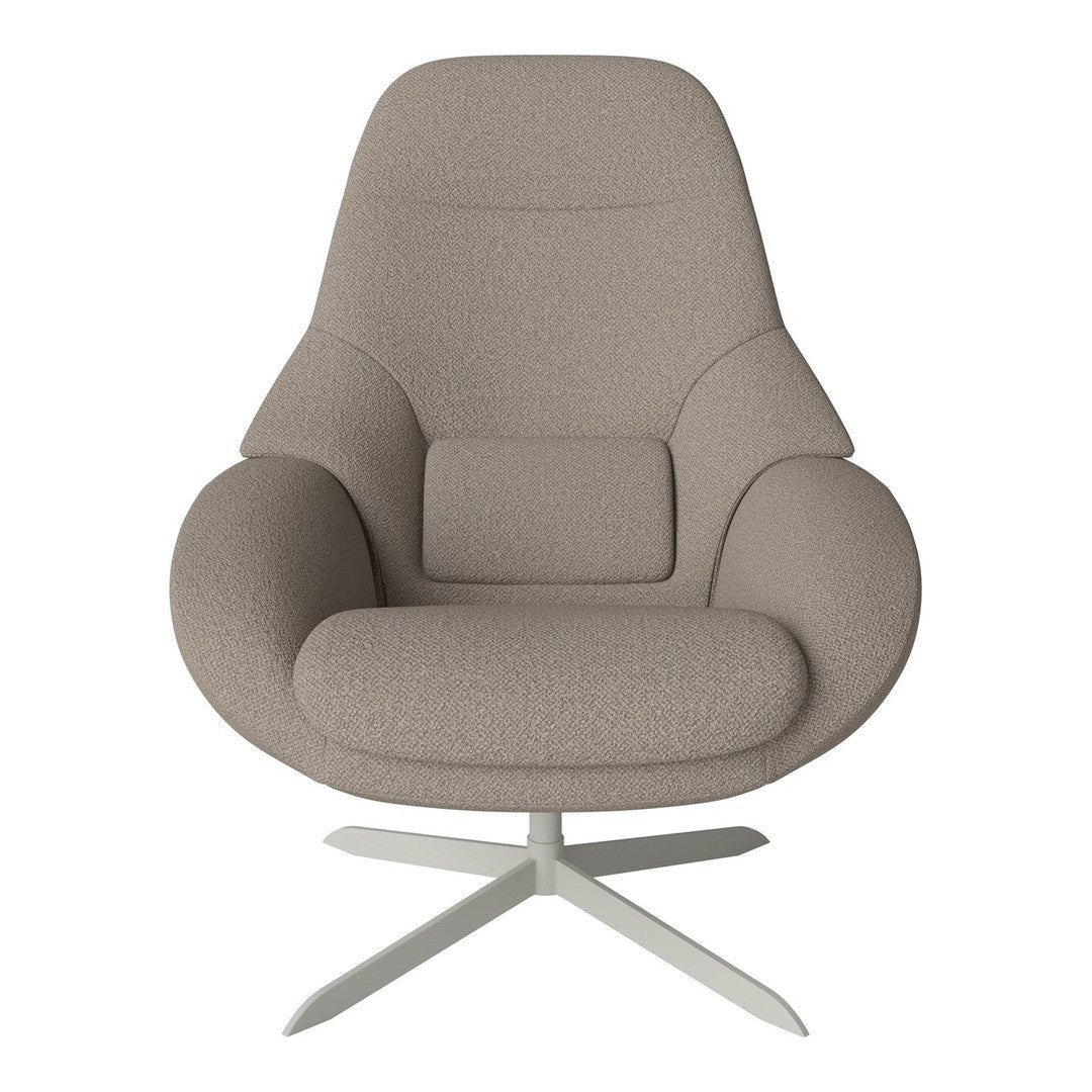 Stylish taupe lounge chair with a smooth fabric texture and contemporary design, perfect for modern decor.