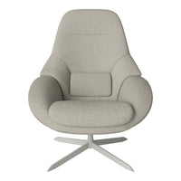 Light gray upholstered armchair with a smooth, minimalist design and a star-shaped metal base.