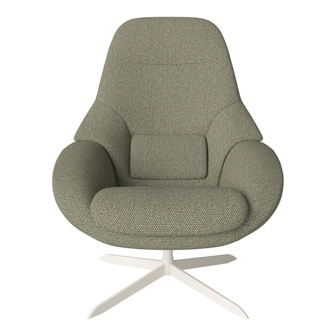 Olive green fabric chair with a smooth, minimalist design and white metal base, perfect for modern decor.