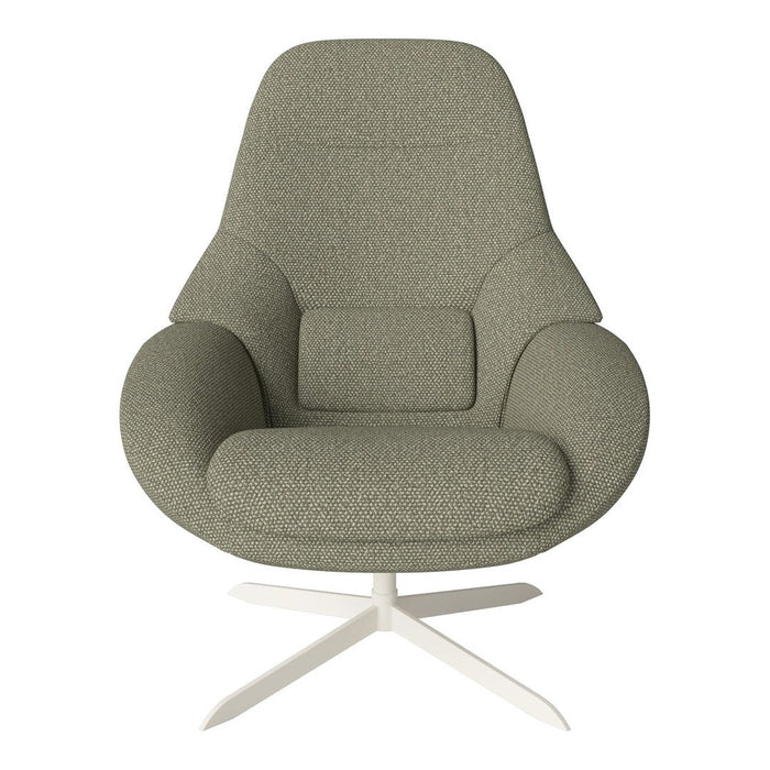Olive green fabric chair with a smooth, minimalist design and white metal base, perfect for modern decor.