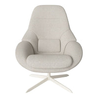 Light grey upholstered chair with a modern design and smooth texture, featuring a minimalist white base.