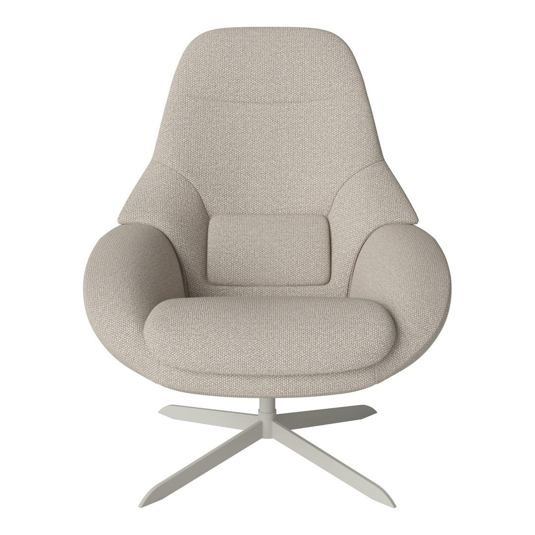 Beige upholstered chair with a smooth, curved design and minimalist pattern, featuring a sleek silver base.