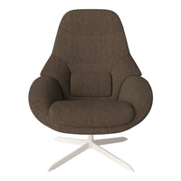 Brown textured fabric armchair with a modern design and a sturdy white metal base. Perfect for stylish interiors.