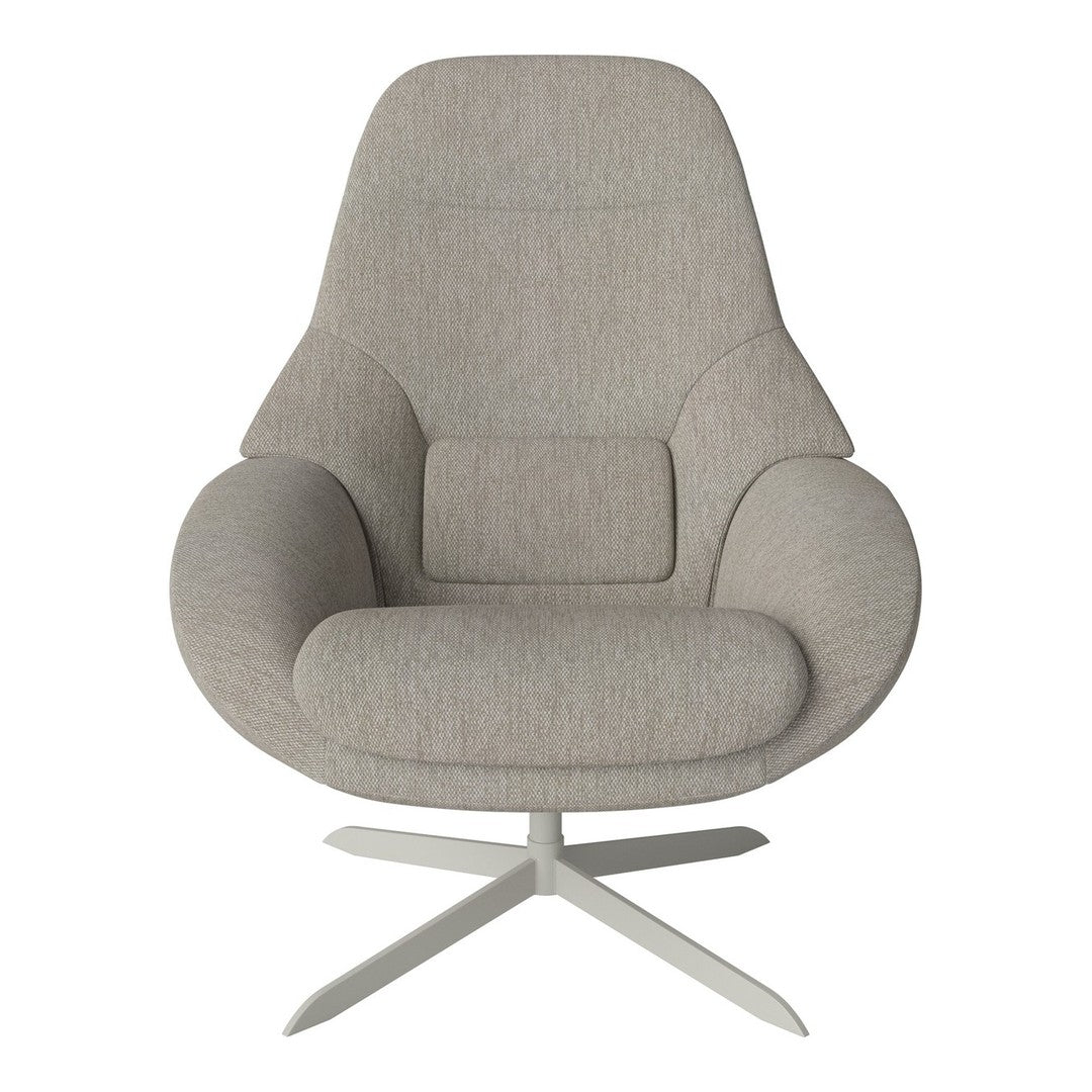 Light gray upholstered chair with smooth curves and a subtle textured fabric pattern, featuring a sleek metal base.
