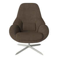 Brown upholstered armchair with a smooth texture and modern silhouette, featuring a minimalist design and sleek metal base.