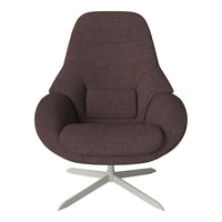 Brown textured upholstery armchair with a modern design and silver base. Perfect for stylish interiors.