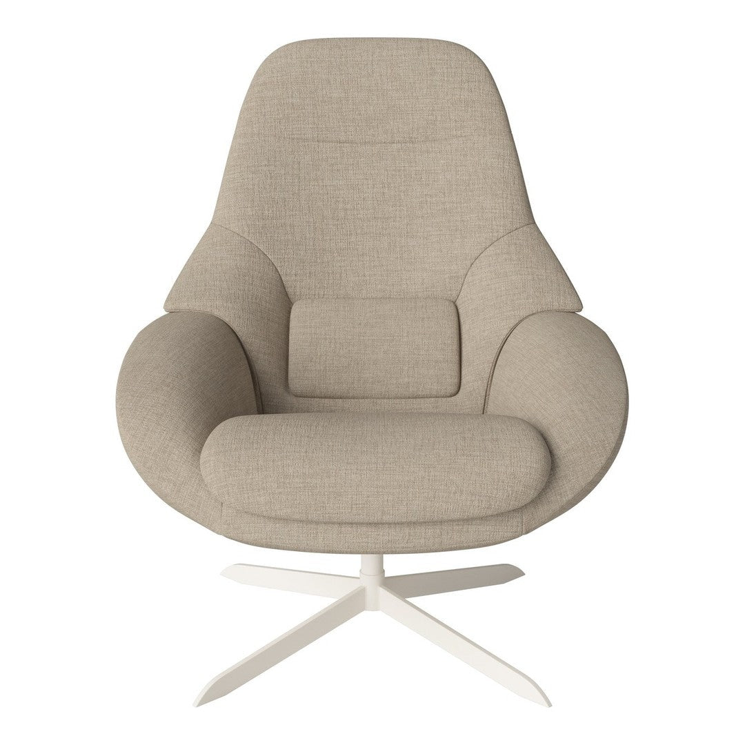 Beige fabric armchair with a smooth, modern design and sleek white metal base. Ideal for contemporary interiors.