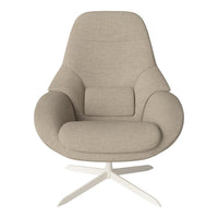 Beige fabric armchair with a smooth, modern design and sleek white metal base. Ideal for contemporary interiors.