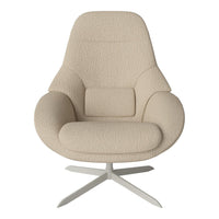 Beige upholstered armchair with a smooth, textured fabric and sleek, minimalist design.