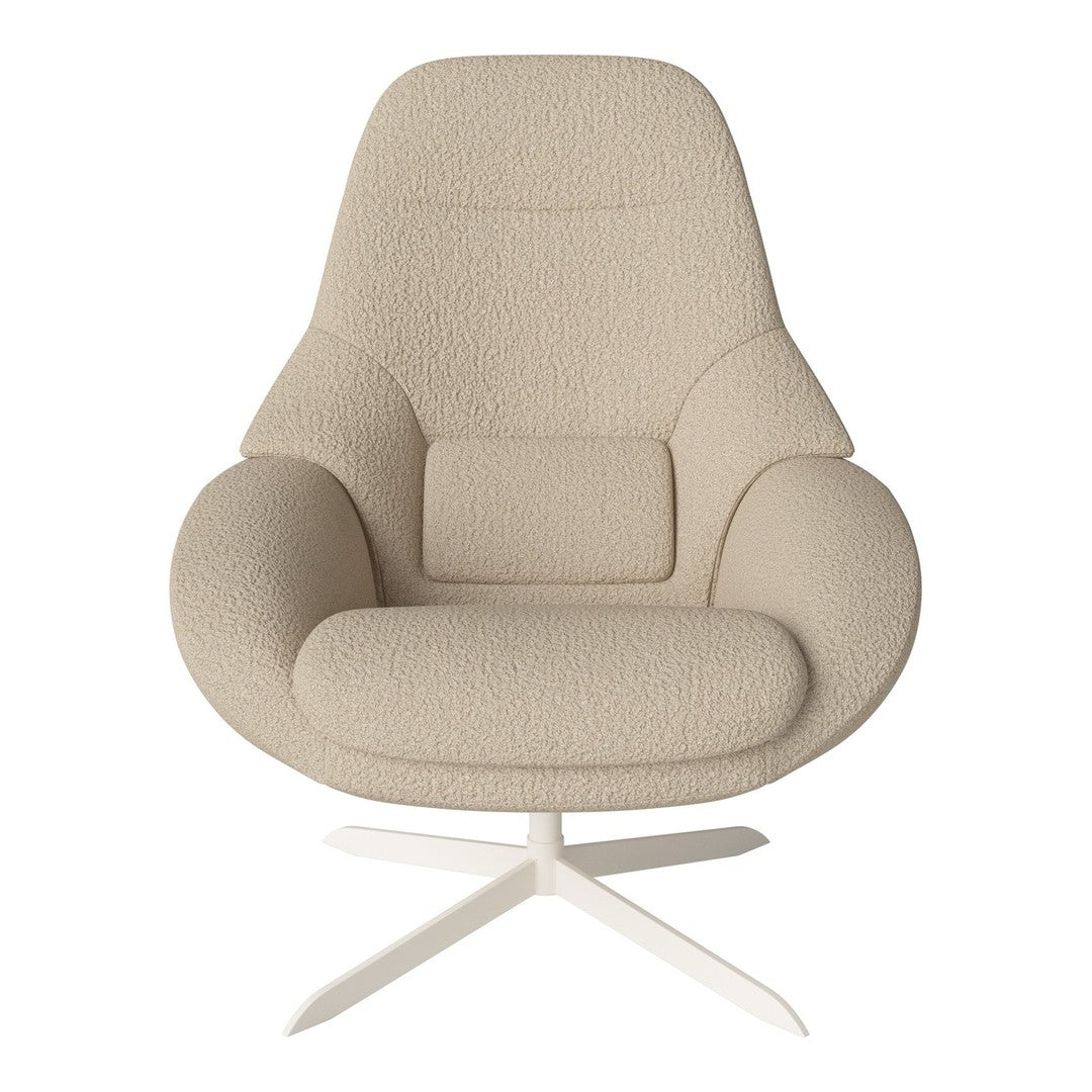 Beige textured armchair with a minimalist design and a sleek white base. Perfect for modern decor.
