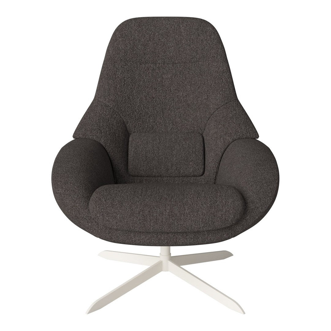 Stylish dark gray upholstered chair with a smooth, modern silhouette and soft, rounded contours.