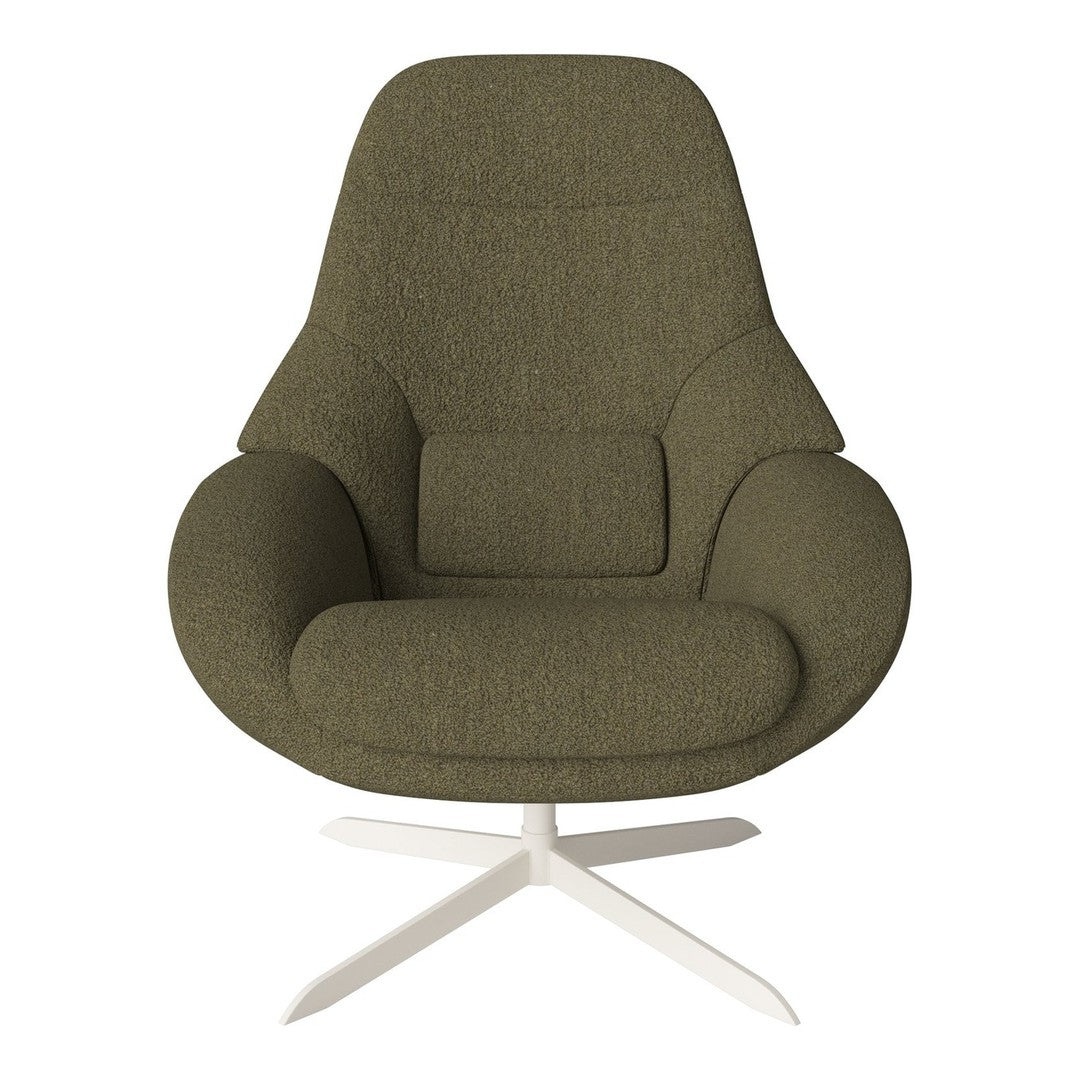 Olive green upholstered chair with smooth curves and subtle texture, featuring a modern white base.