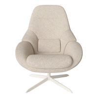 Soft beige fabric armchair with a smooth texture and minimalist design on a sleek white swivel base.