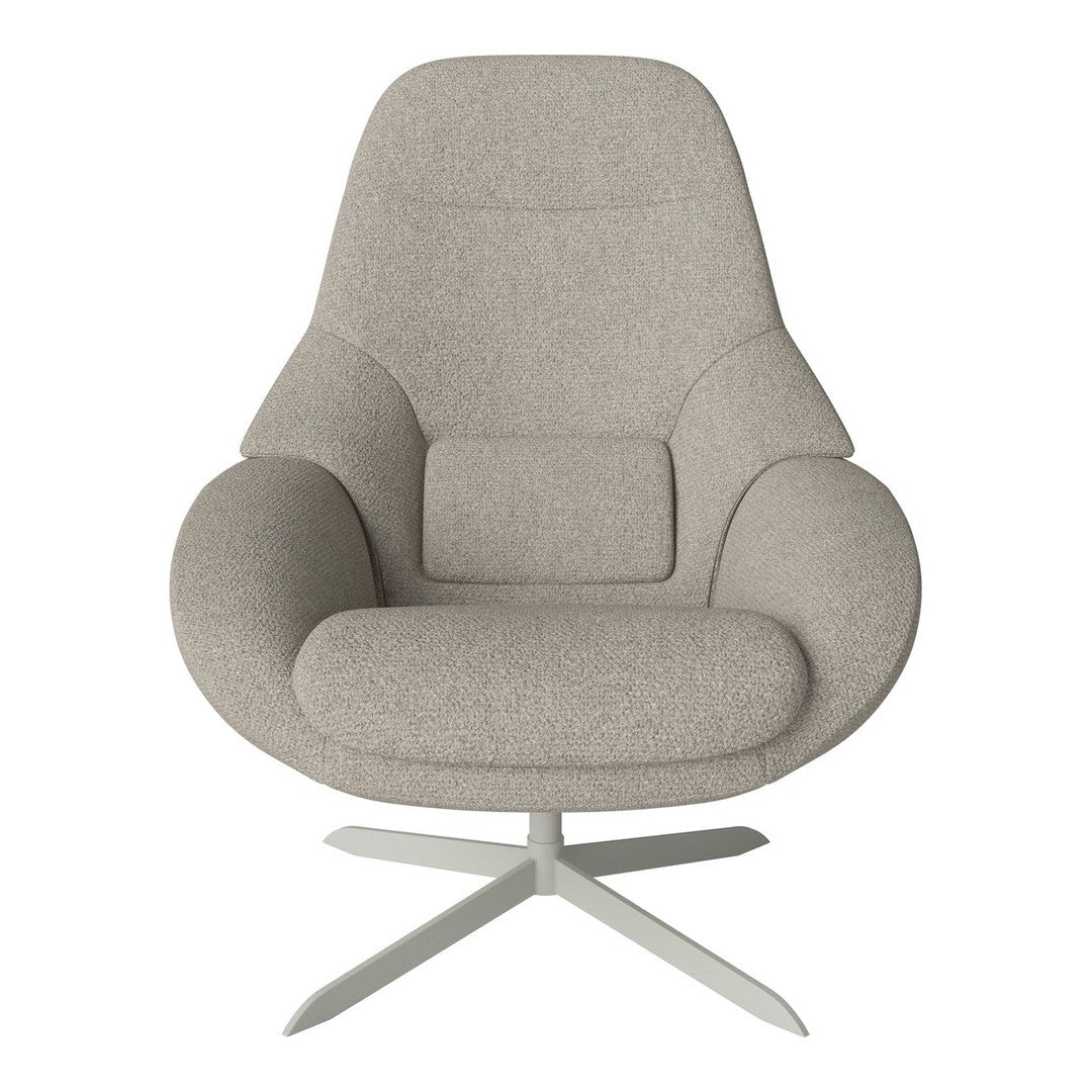 Light gray upholstered armchair with a modern, minimalist design and smooth, round contours. Perfect for elegant interiors.