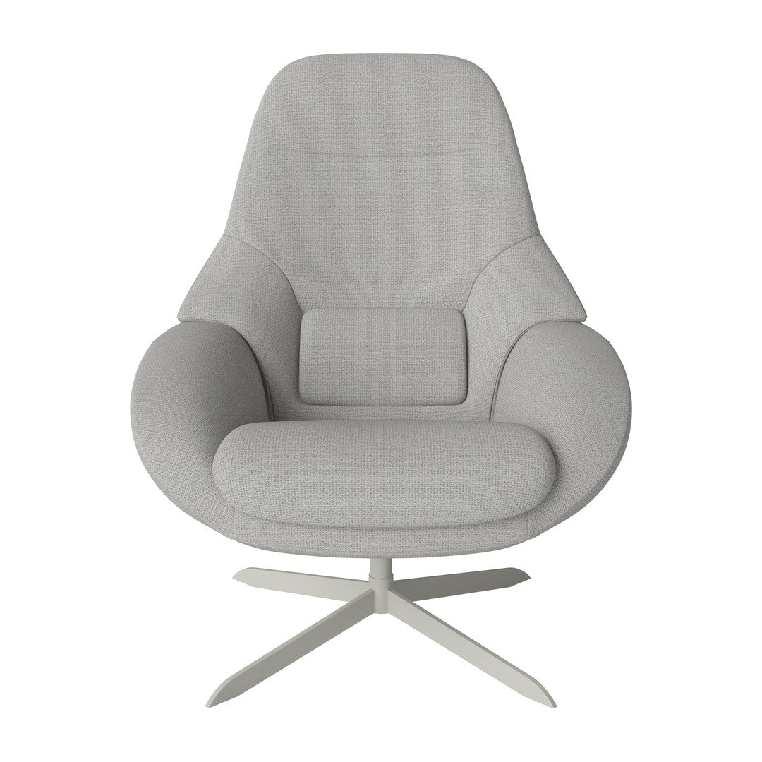 Light gray modern armchair with sleek, smooth texture and minimalist design against a neutral backdrop.