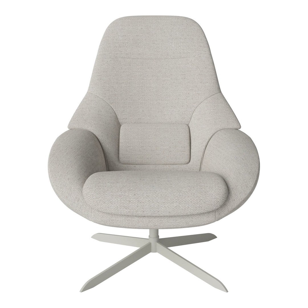 Light grey upholstered chair with a curved silhouette and minimalist design, featuring a smooth, textured fabric.