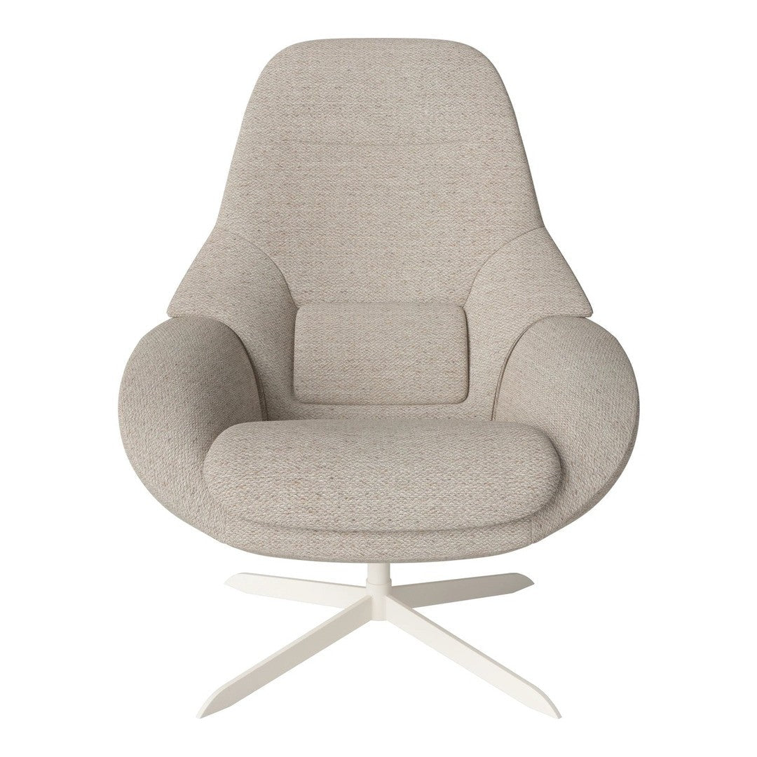 Light beige upholstered chair with a smooth texture and minimalist design on a sleek white base.