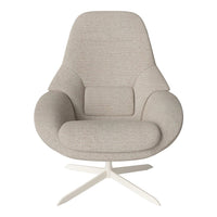 Light beige upholstered chair with a smooth texture and minimalist design on a sleek white base.