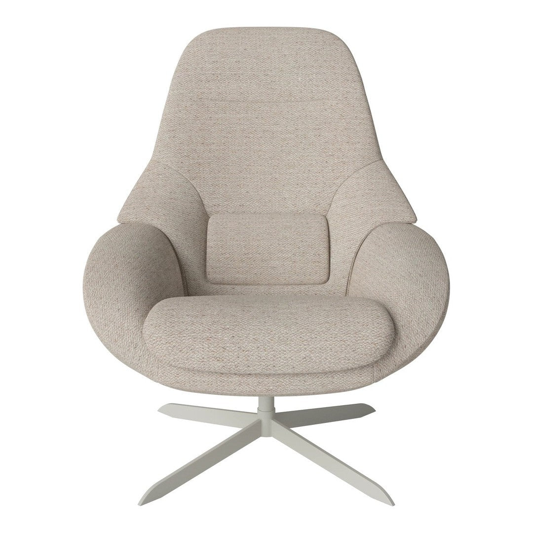 Soft beige upholstered chair with a textured pattern and sleek metal base. Ideal for modern living spaces.