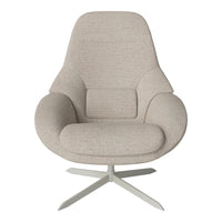 Soft beige upholstered chair with a textured pattern and sleek metal base. Ideal for modern living spaces.