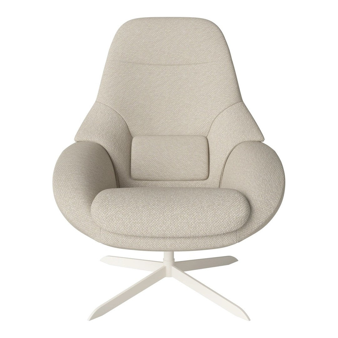 Light beige lounge chair with a smooth, minimalist design and a soft textured fabric pattern. Ideal for modern interiors.