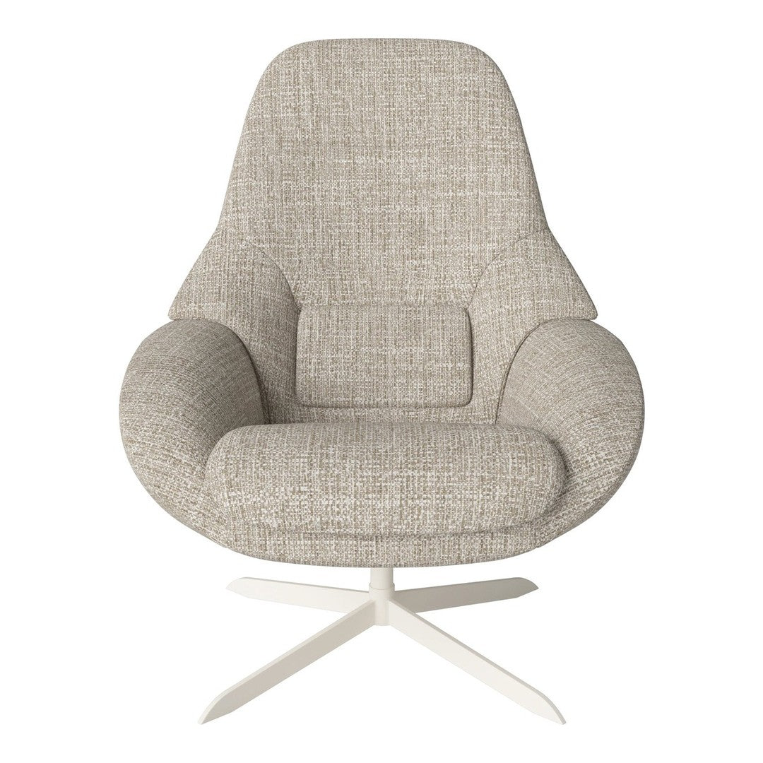 Light gray upholstered chair with a textured pattern and white metal base, offering a modern, cozy aesthetic.