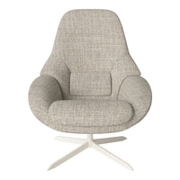 Light gray upholstered chair with a textured pattern and white metal base, offering a modern, cozy aesthetic.