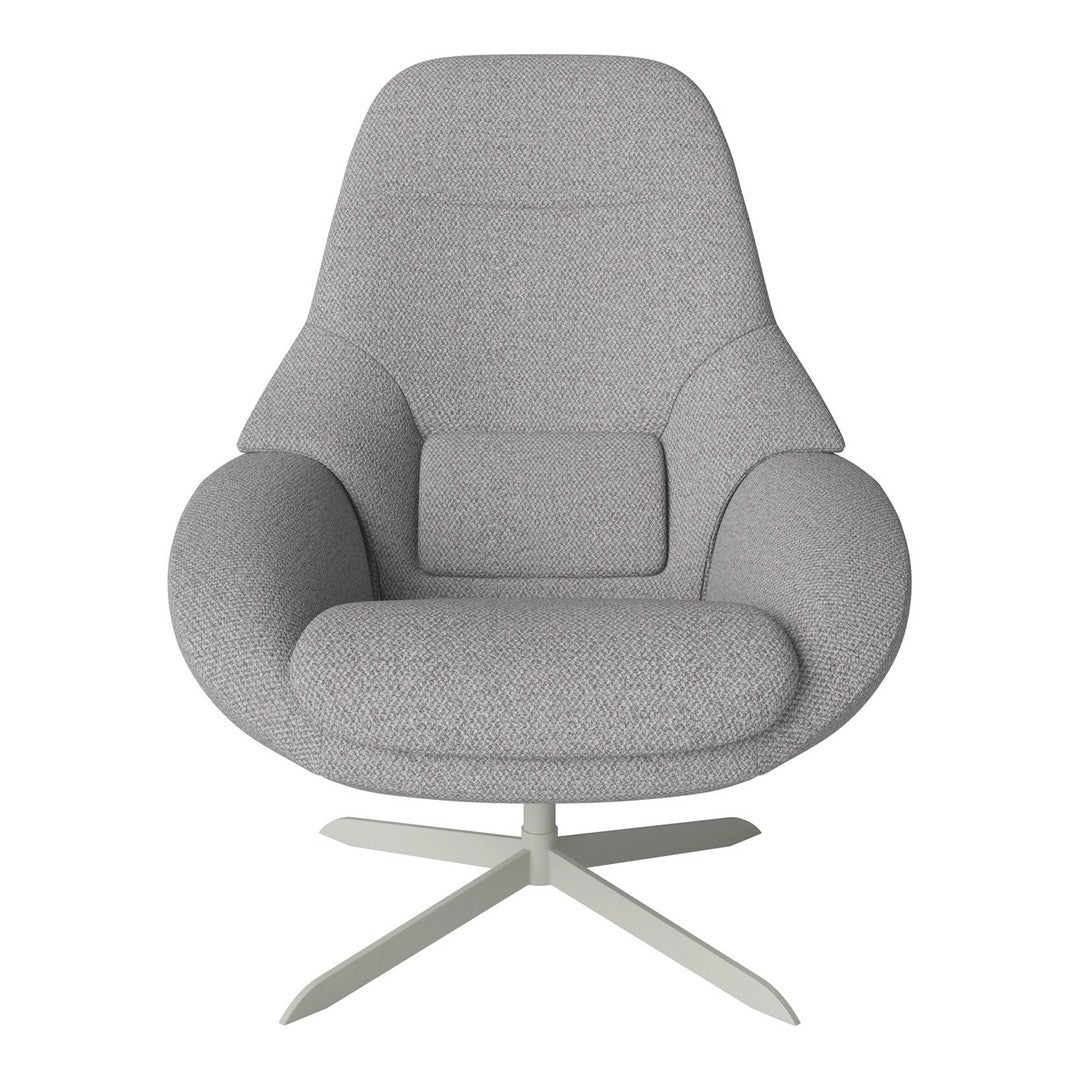 Gray upholstered chair with a minimalist design and subtle texture, featuring a sleek metallic base.