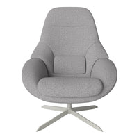 Gray upholstered chair with a minimalist design and subtle texture, featuring a sleek metallic base.