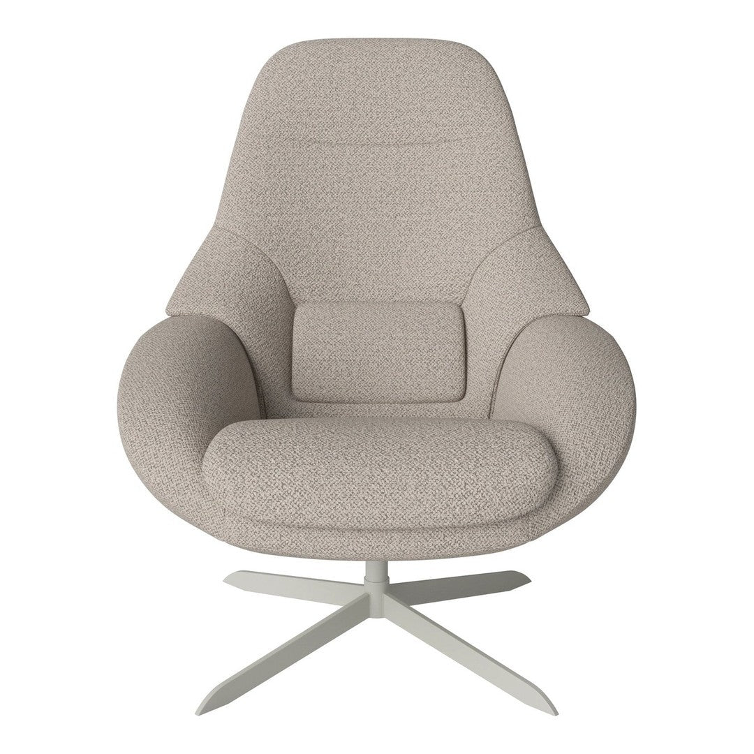 Light gray, textured fabric armchair with a sleek, modern design and a polished metal base.