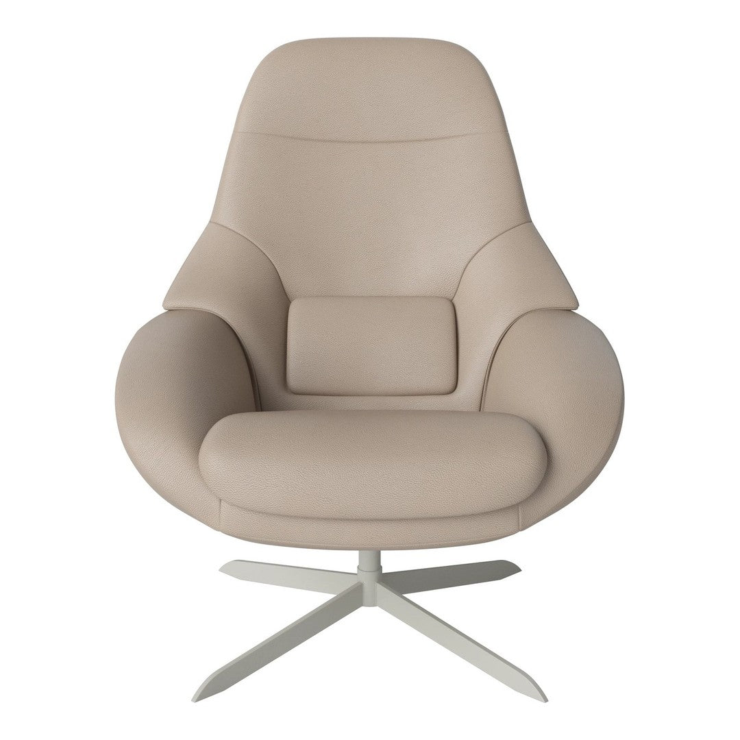 Stylish beige lounge chair with smooth, modern upholstery and sleek silver base. Perfect for contemporary decor.