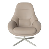 Stylish beige lounge chair with smooth, modern upholstery and sleek silver base. Perfect for contemporary decor.