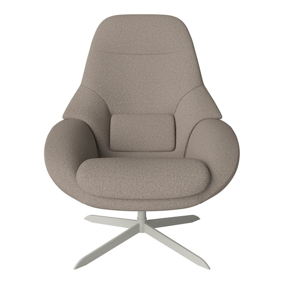 Modern beige chair with a textured upholstery and sleek silver base, featuring a smooth and curved design.