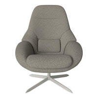 Gray upholstered chair with a soft, textured pattern and a sleek, modern silver base.