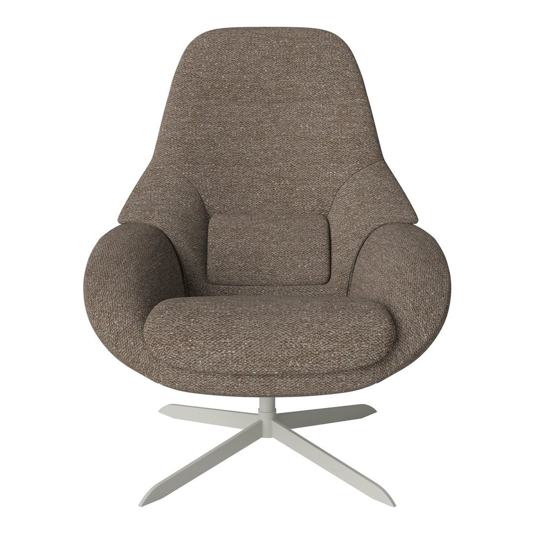 Mid-century modern chair in warm brown upholstery with a textured pattern and sleek silver base.