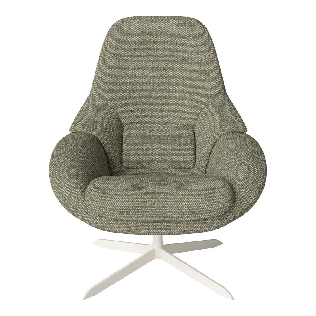 Soft grey-green upholstered chair with a textured fabric and minimalist design on a sleek white base.