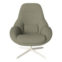 Soft grey-green upholstered chair with a textured fabric and minimalist design on a sleek white base.
