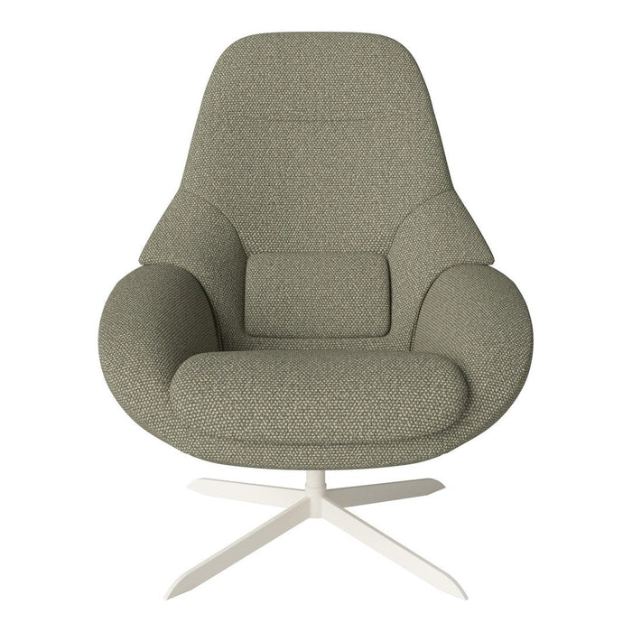 Soft grey-green upholstered chair with a textured fabric and minimalist design on a sleek white base.