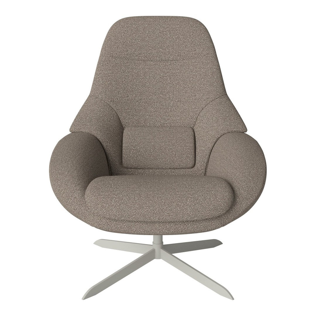 Soft brown fabric armchair with smooth contours and a modern design. Features a circular base and cozy texture.