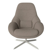 Soft brown fabric armchair with smooth contours and a modern design. Features a circular base and cozy texture.
