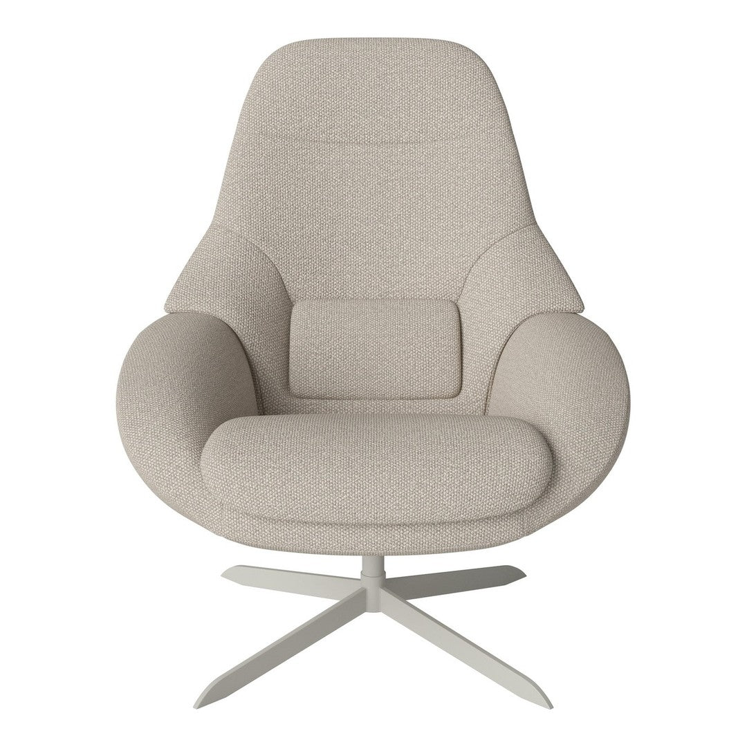 Light beige modern armchair with smooth upholstery and a sleek silver base, featuring minimalistic design.