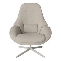 Light beige modern armchair with smooth upholstery and a sleek silver base, featuring minimalistic design.